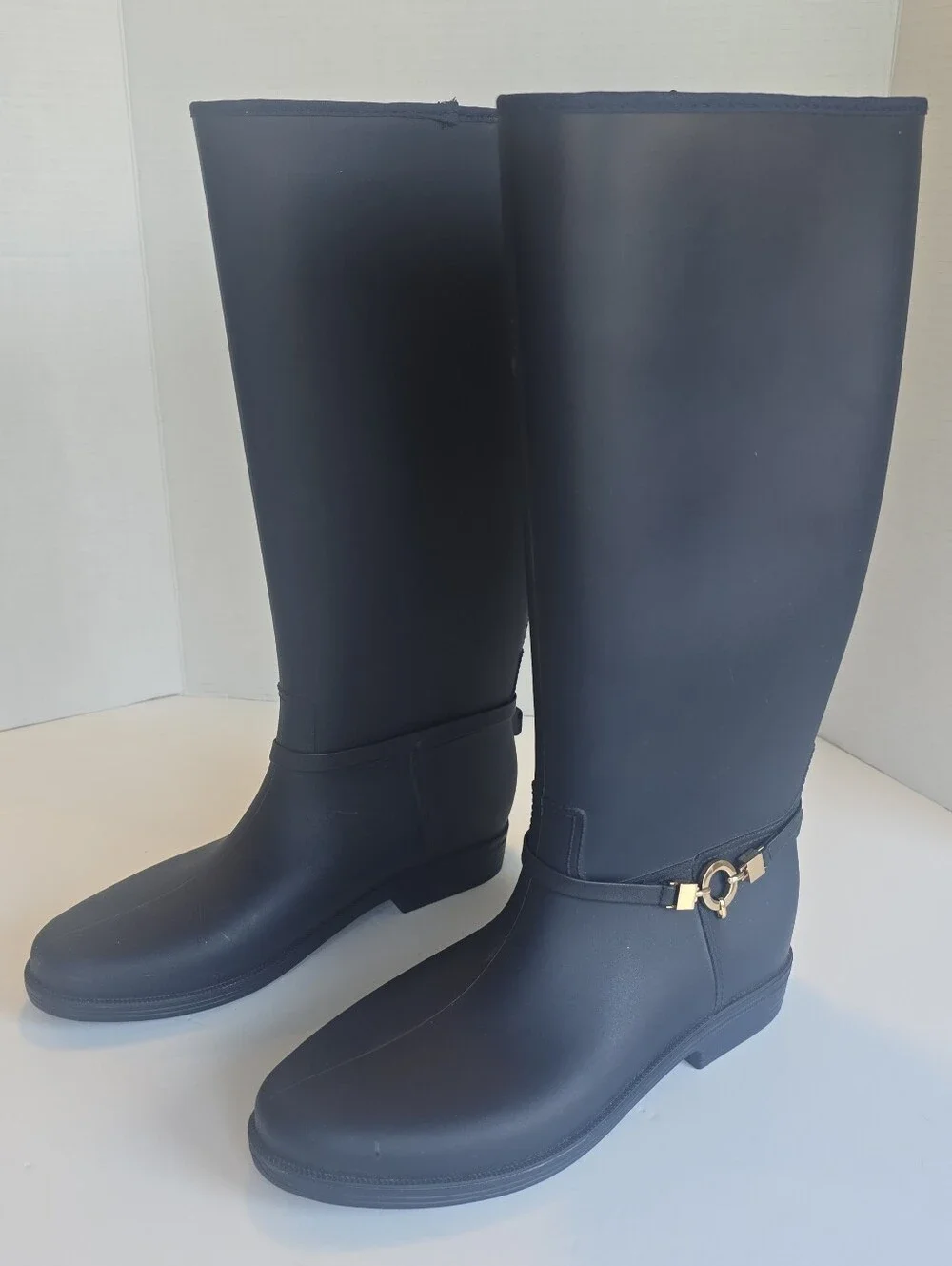 Women’s Navy Tall Rain Boots with Gold Ring Accent Strap